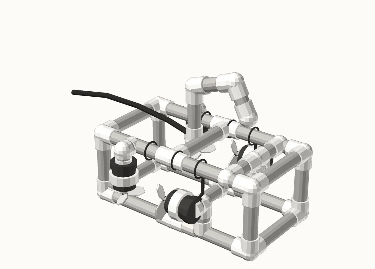 The ROV frame without buoyancy foam, showing the pipe topology, the four thrusters and the hook